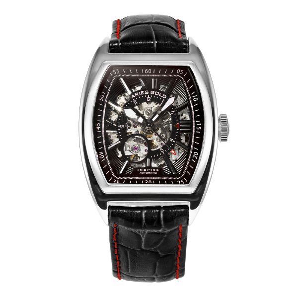 ARIES GOLD AUTOMATIC INFINUM CRUISER SILVER STAINLESS STEEL G 901 S-BKR BLACK LEATHER STRAP MEN'S WATCH